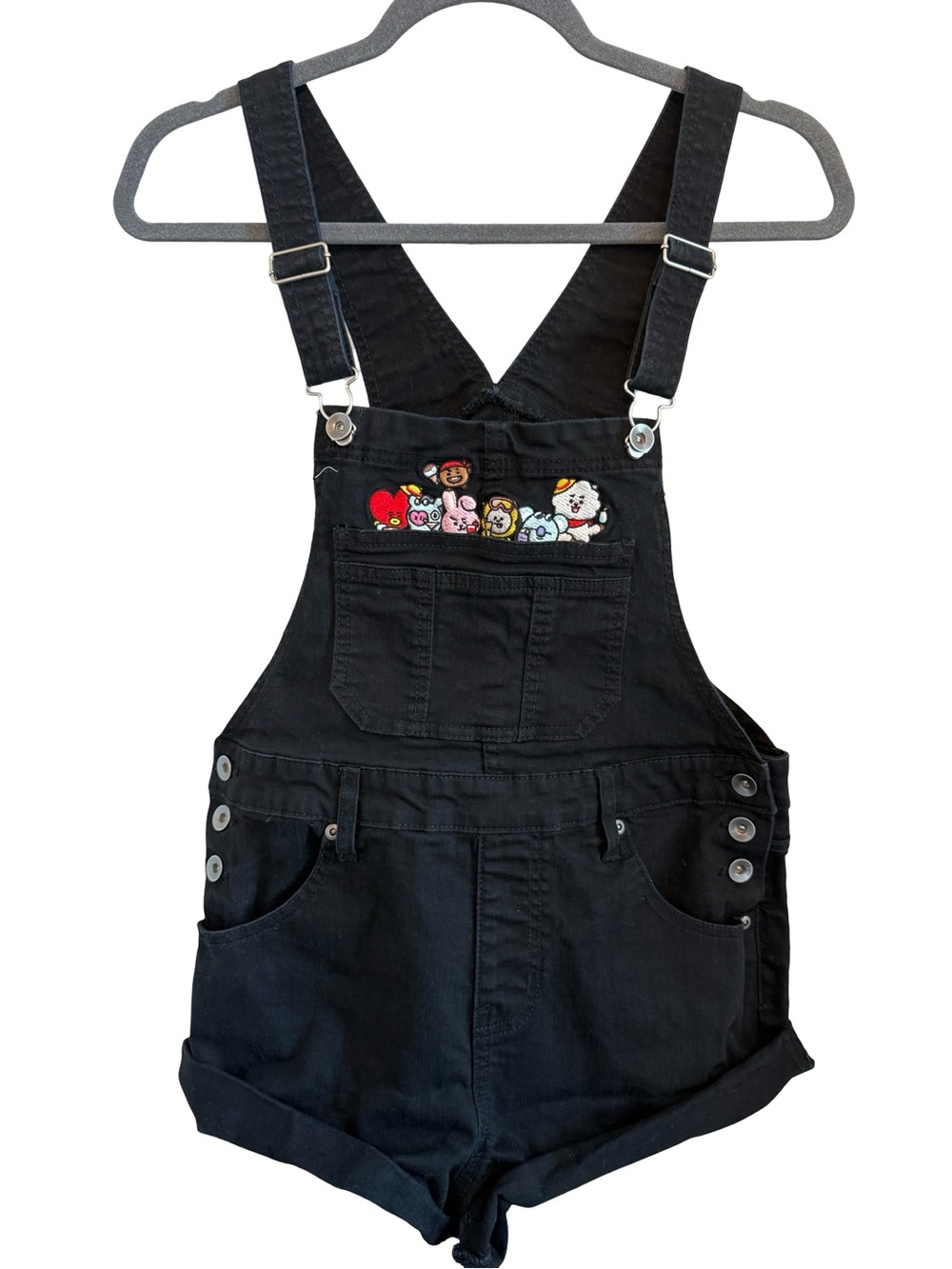 BT21 Black Short Overalls Embroidered Character Bib Shorts Size M Kawaii Y2K